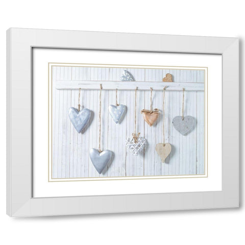 Hearts hanging on wooden background White Modern Wood Framed Art Print with Double Matting by Frank, Assaf