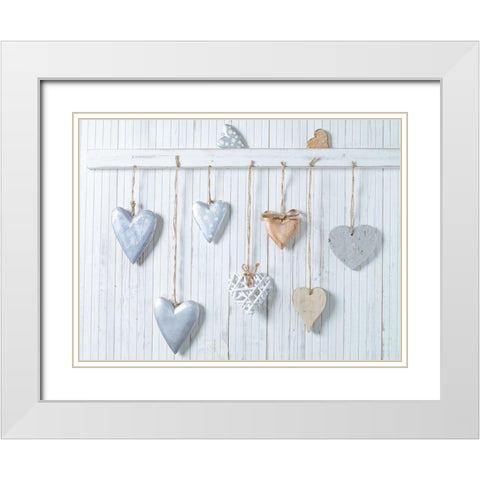 Hearts hanging on wooden background White Modern Wood Framed Art Print with Double Matting by Frank, Assaf