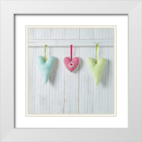 Hearts hanging on wooden background White Modern Wood Framed Art Print with Double Matting by Frank, Assaf