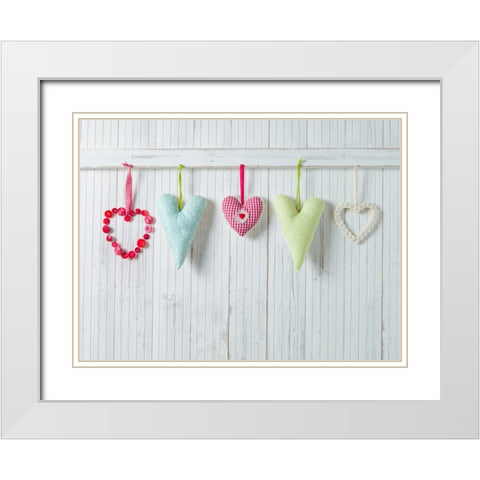 Hearts hanging on wooden background White Modern Wood Framed Art Print with Double Matting by Frank, Assaf
