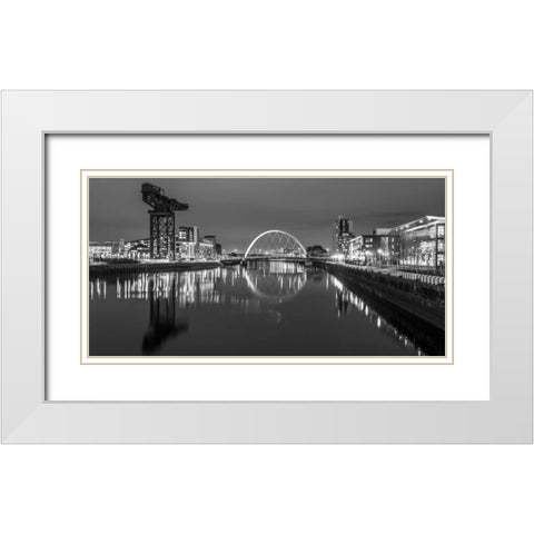 View along the river Clyde at night, Glasgow, FTBR-1807 White Modern Wood Framed Art Print with Double Matting by Frank, Assaf