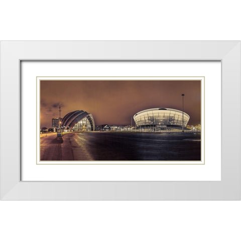 Evening view of Clyde Auditorium and SSE Hydro in Glasgow, FTBR-1904 White Modern Wood Framed Art Print with Double Matting by Frank, Assaf