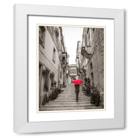 Tourist with umbrella in steps through houses in Birgu, Malta White Modern Wood Framed Art Print with Double Matting by Frank, Assaf