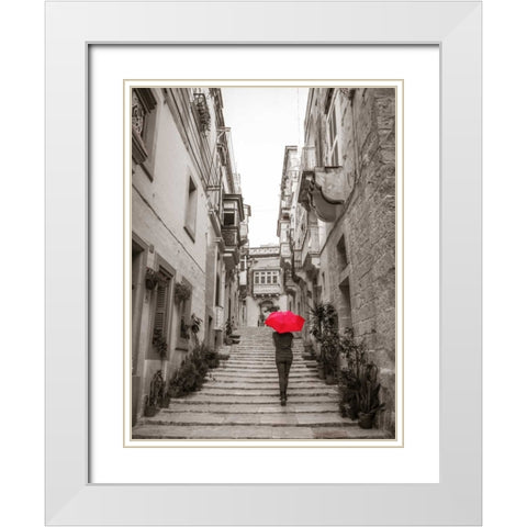 Tourist with umbrella in steps through houses in Birgu, Malta White Modern Wood Framed Art Print with Double Matting by Frank, Assaf
