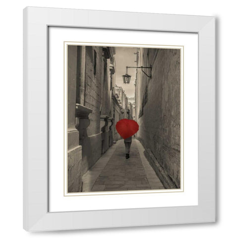 Tourist with heart shaped umbrella walking through narrow street of Mdina, Malta White Modern Wood Framed Art Print with Double Matting by Frank, Assaf