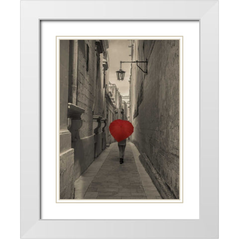 Tourist with heart shaped umbrella walking through narrow street of Mdina, Malta White Modern Wood Framed Art Print with Double Matting by Frank, Assaf
