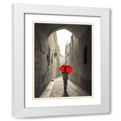 Tourist with umbrella walking through narrow street in Mdina, Malta White Modern Wood Framed Art Print with Double Matting by Frank, Assaf