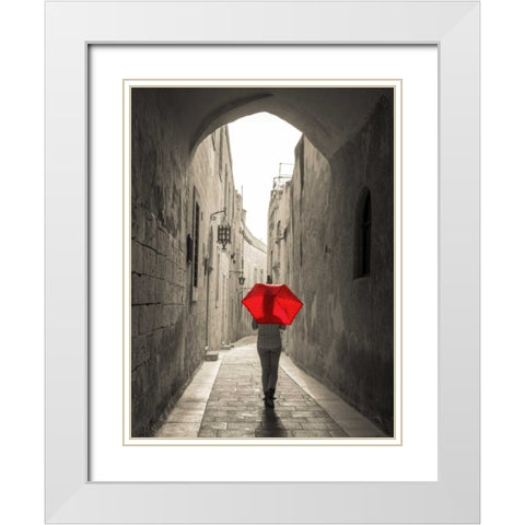 Tourist with umbrella walking through narrow street in Mdina, Malta White Modern Wood Framed Art Print with Double Matting by Frank, Assaf