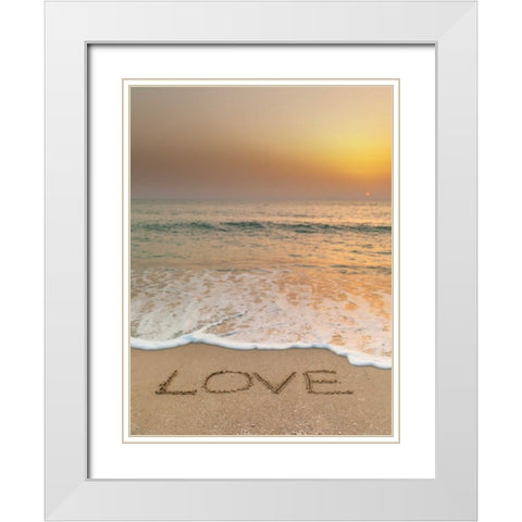 Sand writing - Word Love written on beach White Modern Wood Framed Art Print with Double Matting by Frank, Assaf
