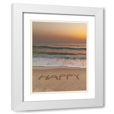 Sand writing - Word Happy written on beach White Modern Wood Framed Art Print with Double Matting by Frank, Assaf