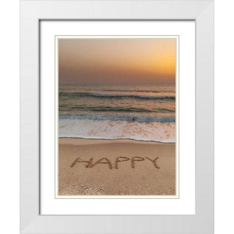 Sand writing - Word Happy written on beach White Modern Wood Framed Art Print with Double Matting by Frank, Assaf