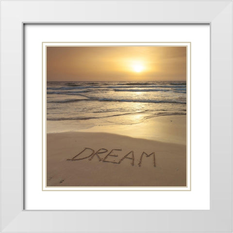 Sand writing - Word Dream written on beach White Modern Wood Framed Art Print with Double Matting by Frank, Assaf