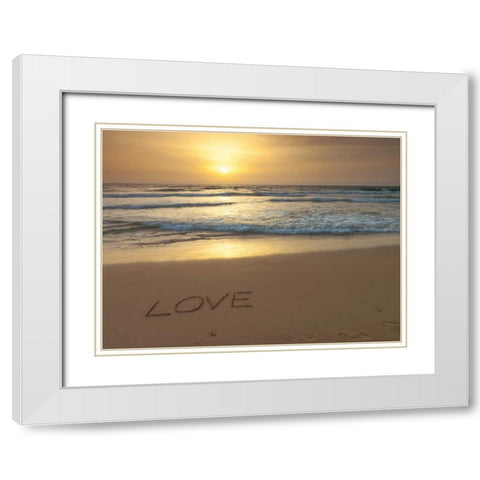Sand writing - Word Love written on beach White Modern Wood Framed Art Print with Double Matting by Frank, Assaf