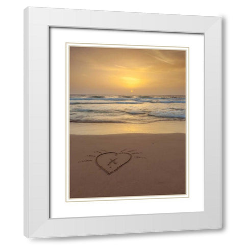 Sand writing - Heart shape drawn on the beach White Modern Wood Framed Art Print with Double Matting by Frank, Assaf