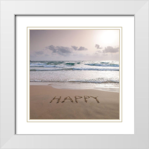 Sand writing - Word Happy written on beach White Modern Wood Framed Art Print with Double Matting by Frank, Assaf