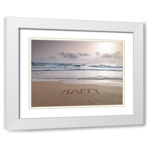 Sand writing - Word Happy written on beach White Modern Wood Framed Art Print with Double Matting by Frank, Assaf