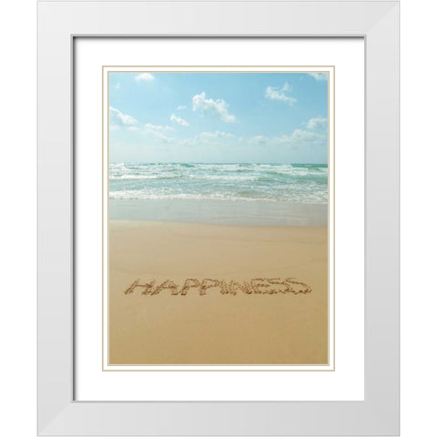 Word Happiness written in sand on the beach White Modern Wood Framed Art Print with Double Matting by Frank, Assaf
