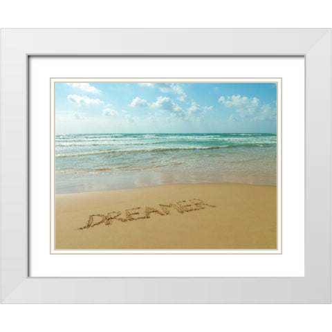 Word Dreamer written in sand on the beach White Modern Wood Framed Art Print with Double Matting by Frank, Assaf
