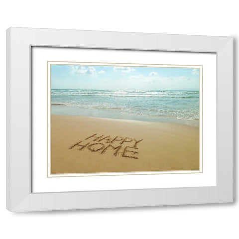 Happy Home written in sand on the beach White Modern Wood Framed Art Print with Double Matting by Frank, Assaf
