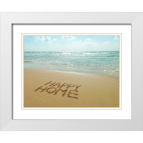 Happy Home written in sand on the beach White Modern Wood Framed Art Print with Double Matting by Frank, Assaf