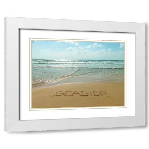 Word Seaside written in sand on the beach White Modern Wood Framed Art Print with Double Matting by Frank, Assaf