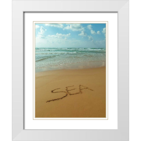 Word Sea written in sand on the beach White Modern Wood Framed Art Print with Double Matting by Frank, Assaf