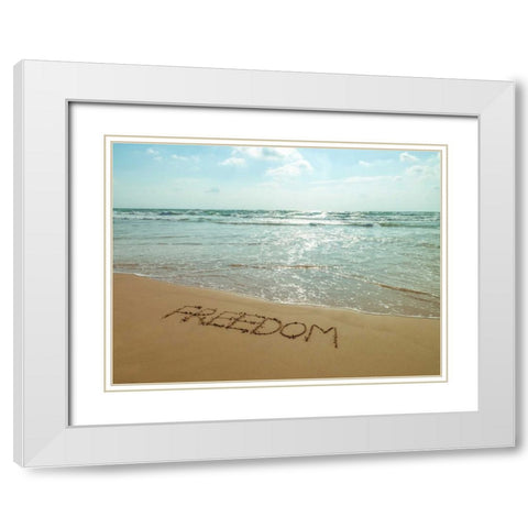 Word Freedom written in sand on the beach White Modern Wood Framed Art Print with Double Matting by Frank, Assaf