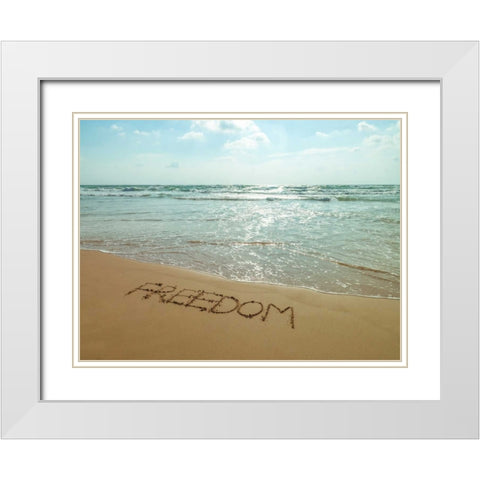 Word Freedom written in sand on the beach White Modern Wood Framed Art Print with Double Matting by Frank, Assaf