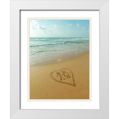 Couple in heart drawn on sand at the beach White Modern Wood Framed Art Print with Double Matting by Frank, Assaf