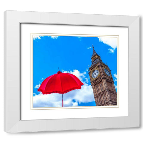 Big Ben with Red Umbrella, London, UK White Modern Wood Framed Art Print with Double Matting by Frank, Assaf