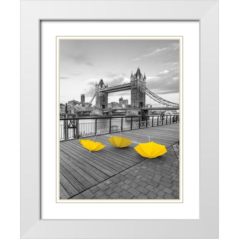 Yellow umbrellas, Tower bridge, London White Modern Wood Framed Art Print with Double Matting by Frank, Assaf