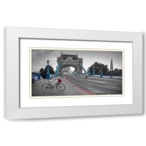 Bunch of roses on a bicycle near Tower Bridge, London, UK White Modern Wood Framed Art Print with Double Matting by Frank, Assaf