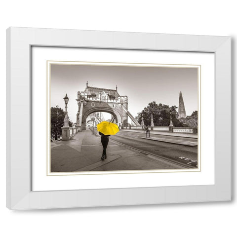 Lady with a yellow umbrella, Tower bridge, London White Modern Wood Framed Art Print with Double Matting by Frank, Assaf