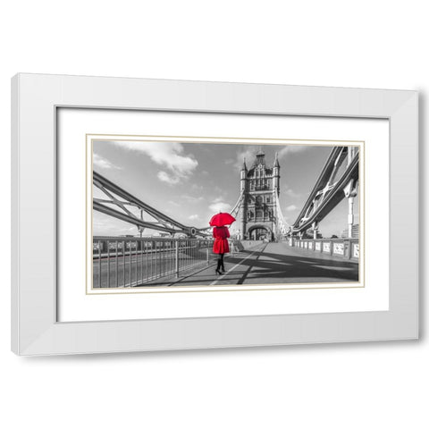 Tourist with red umbrella on Tower Bridge, London, UK White Modern Wood Framed Art Print with Double Matting by Frank, Assaf