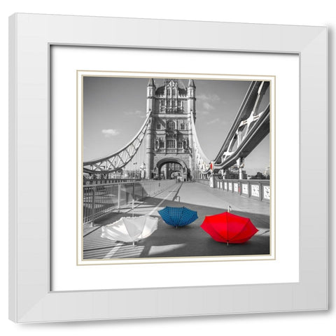 Colorful umbrellas on Tower bridge, London, UK White Modern Wood Framed Art Print with Double Matting by Frank, Assaf