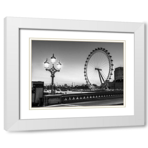 Street lamp on Westminster Bridge with London Eye in background, London, UK White Modern Wood Framed Art Print with Double Matting by Frank, Assaf
