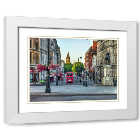Streets of London city with double decker bus, UK White Modern Wood Framed Art Print with Double Matting by Frank, Assaf