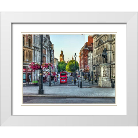 Streets of London city with double decker bus, UK White Modern Wood Framed Art Print with Double Matting by Frank, Assaf
