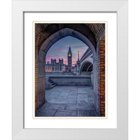 View of Westminster Abby and Big Ben from Thames promenade arch, London, UK White Modern Wood Framed Art Print with Double Matting by Frank, Assaf