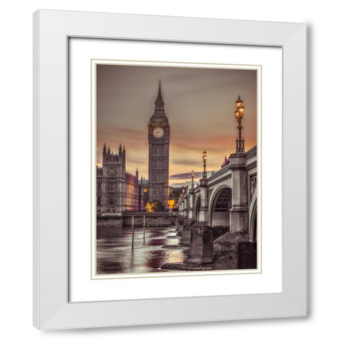Westminster bridge and Big Ben from Thames promenade, London, UK, FTBR-1826 White Modern Wood Framed Art Print with Double Matting by Frank, Assaf