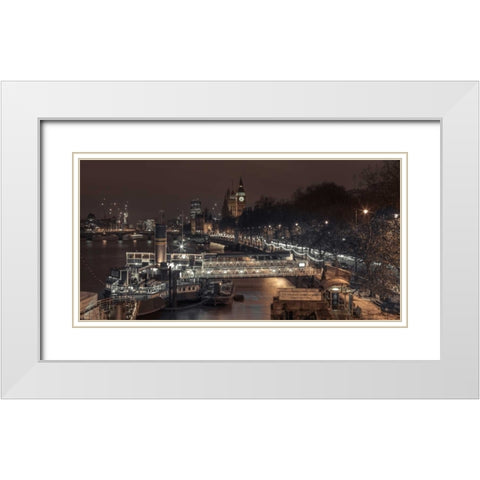 Evening view of London city, FTBR-1831 White Modern Wood Framed Art Print with Double Matting by Frank, Assaf