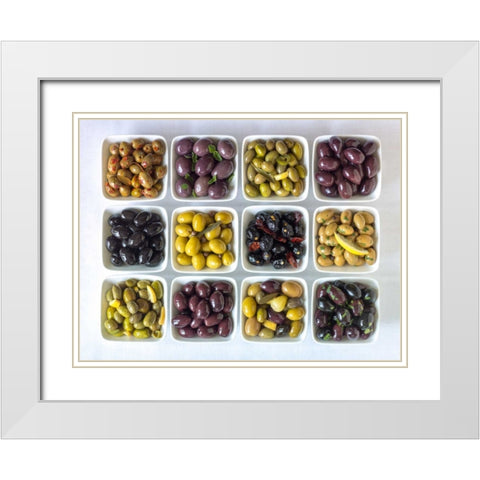Varieties of Olives in bowls on white background White Modern Wood Framed Art Print with Double Matting by Frank, Assaf