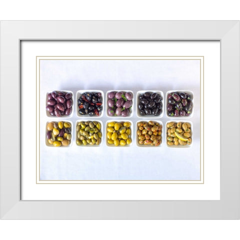 Varieties of Olives in bowls on white background White Modern Wood Framed Art Print with Double Matting by Frank, Assaf