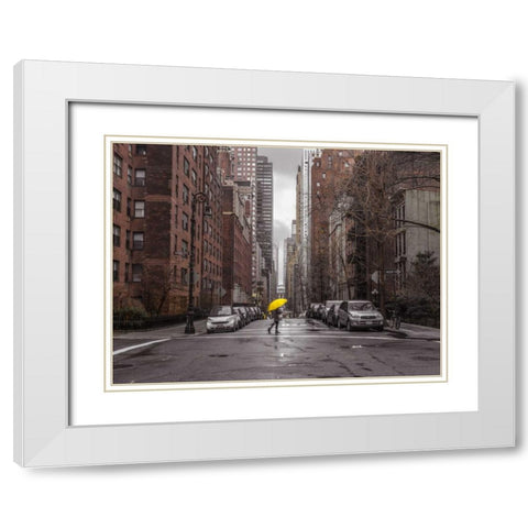 Tourist with yellow umbrella on street of Manhattan, New York White Modern Wood Framed Art Print with Double Matting by Frank, Assaf