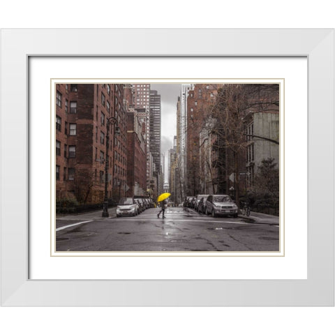 Tourist with yellow umbrella on street of Manhattan, New York White Modern Wood Framed Art Print with Double Matting by Frank, Assaf