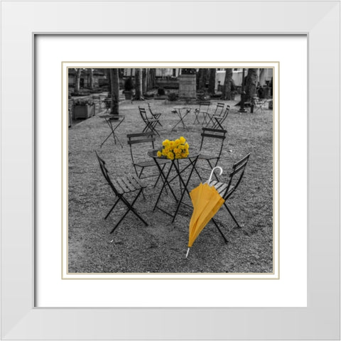 Bunch of roses and umbrella on table and chair at the park, New York White Modern Wood Framed Art Print with Double Matting by Frank, Assaf