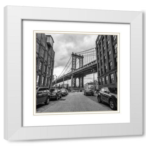 Manhattan bridge from a street, New York White Modern Wood Framed Art Print with Double Matting by Frank, Assaf