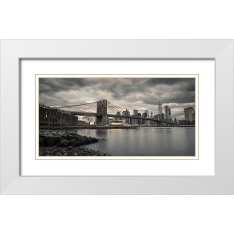 Brooklyn Bridge over East river, New York White Modern Wood Framed Art Print with Double Matting by Frank, Assaf
