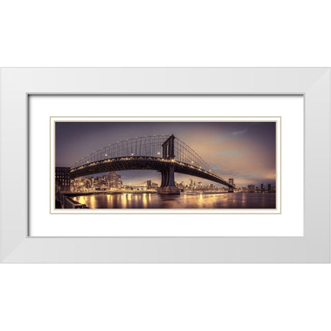 Manhattan bridge and New York city skyline, FTBR-1836 White Modern Wood Framed Art Print with Double Matting by Frank, Assaf