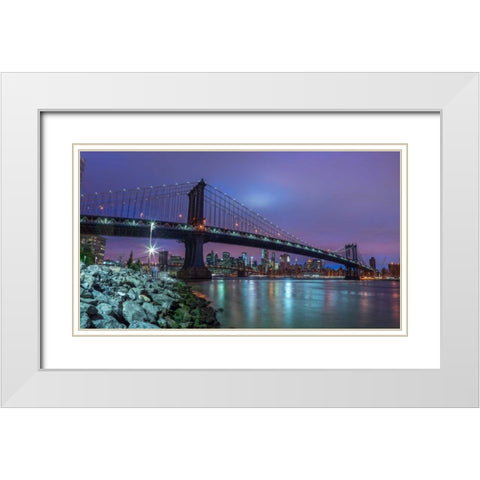 Manhattan bridge and New York city skyline, FTBR-1837 White Modern Wood Framed Art Print with Double Matting by Frank, Assaf